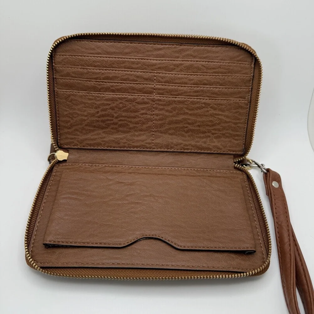 Calvin‎ Klein Womens Zip Around Wristlet Wallet Cognac Textured Faux Leather
